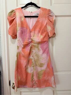 Sweet Pot Flocked Brushstroke Mini Dress - Coral Pink Green